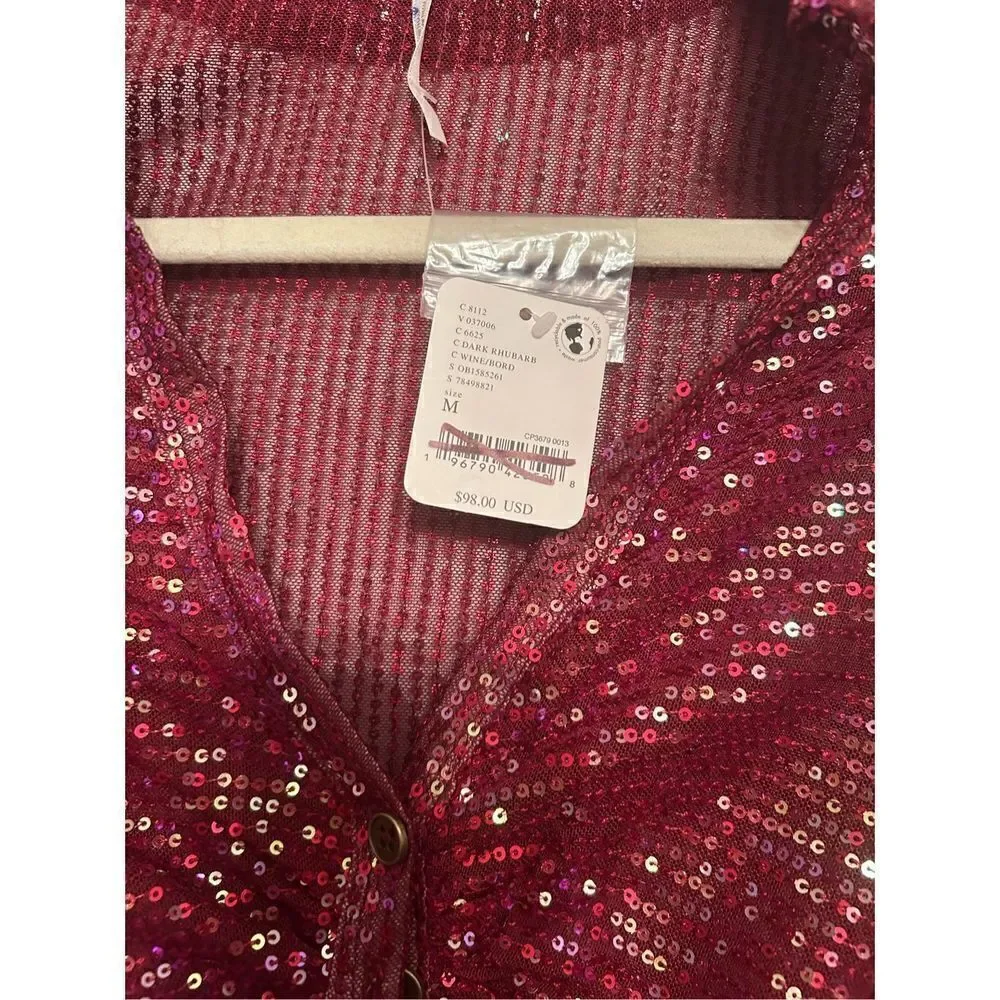 Free People  Iridescent Sequin Collared Ruched Longline Shirtee Dark Rhubarb siz